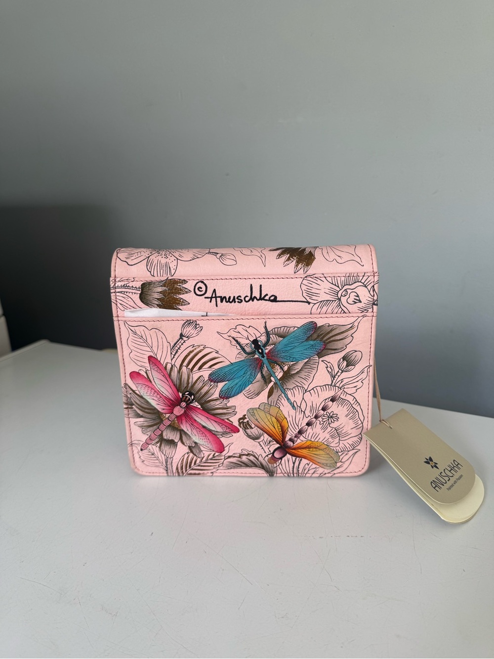 NWT Anuschka Pink Leather Hand-Painted Dragonfly Floral Crossbody Bag - Picture 2 of 7